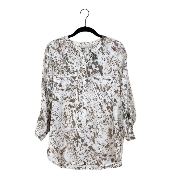 Loft Blouse Top Off White Brown Splatter Chiffon Button Up Casual Size XS - Picture 1 of 6